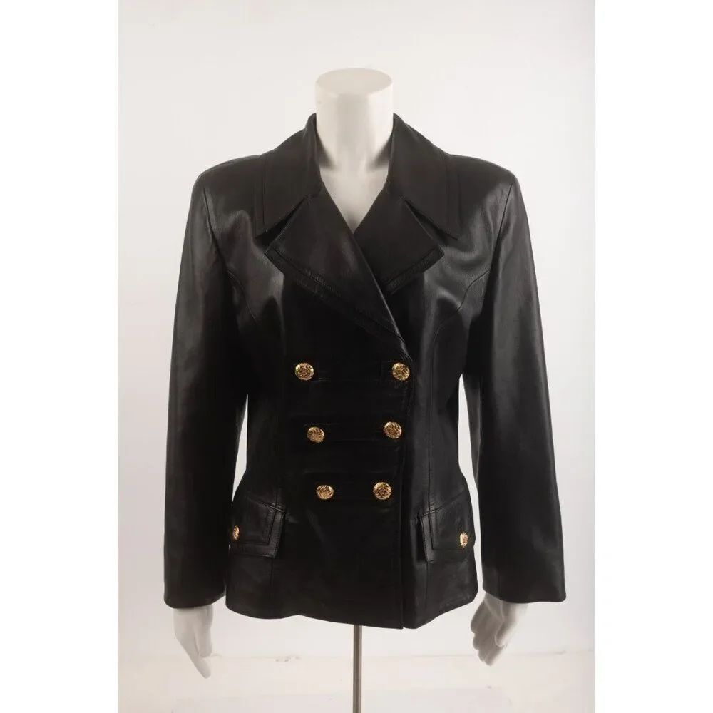 Loewe Madrid Womans Jacket Coat Blazer 44 M Black Leather Double Breasted Vtg